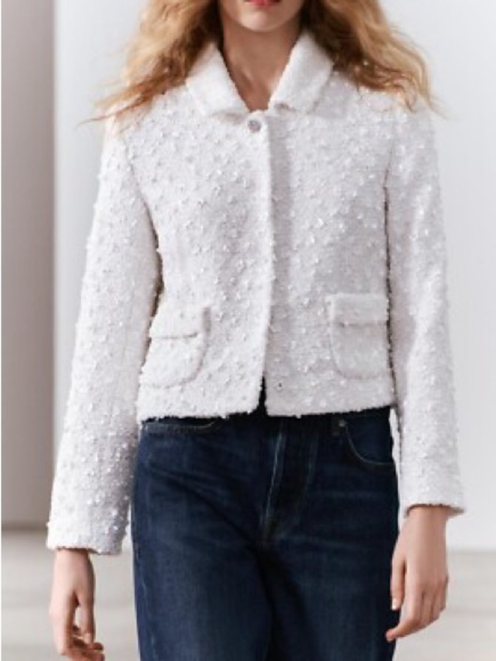 ZW Collection Chanel Vibes White Sequin Mini Skirt & Cropped Jacket Set - Picture 4 of 10